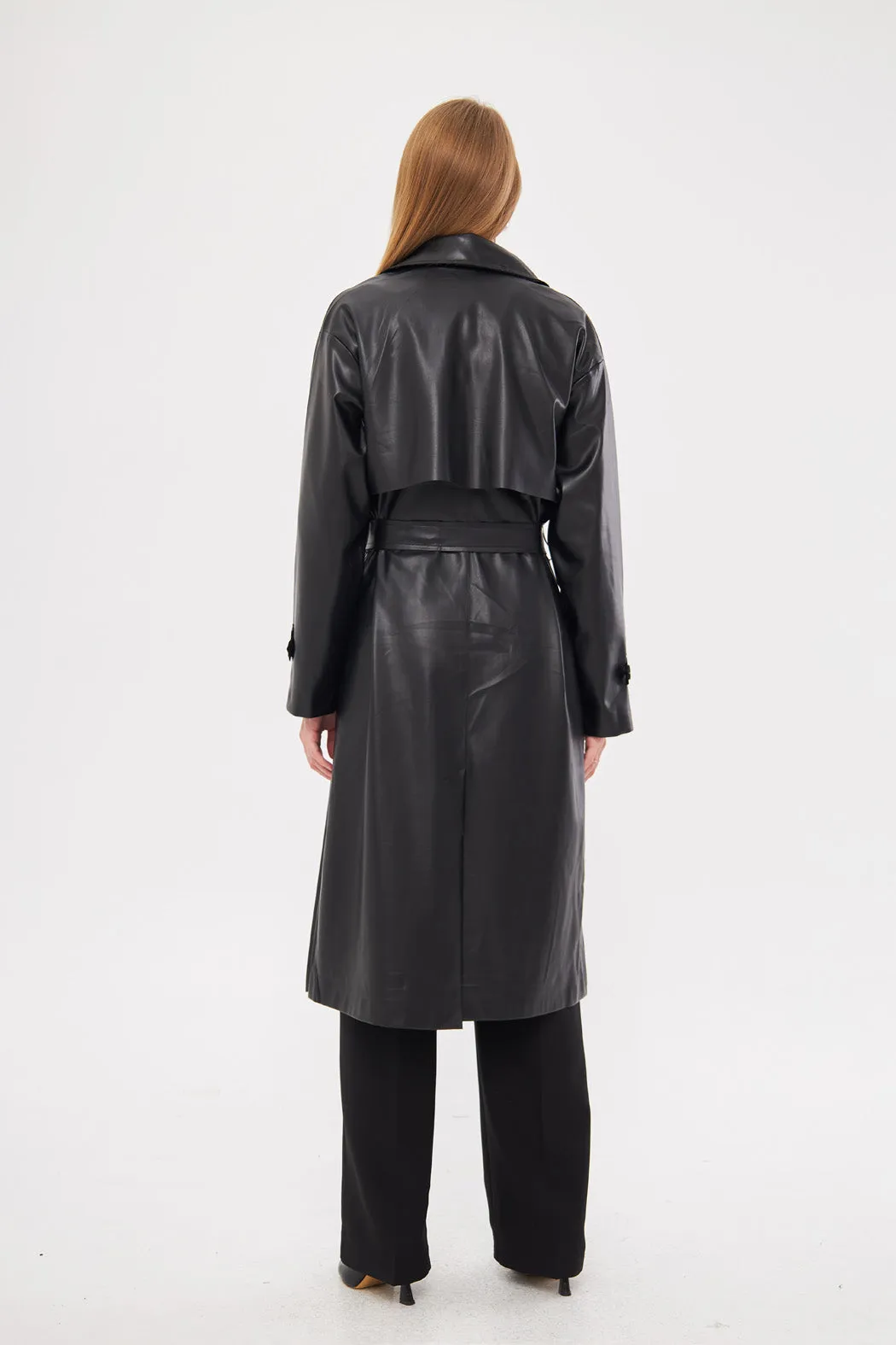 Notched Neckline Leather Solid Midi Coat