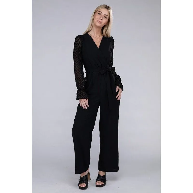 NUVI APPAREL Sheer sleeve and Wide leg Jumpsuit