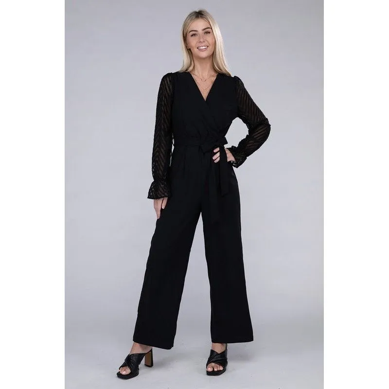 NUVI APPAREL Sheer sleeve and Wide leg Jumpsuit