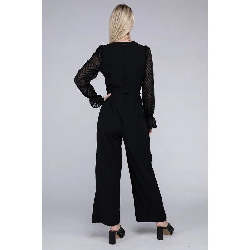 NUVI APPAREL Sheer sleeve and Wide leg Jumpsuit