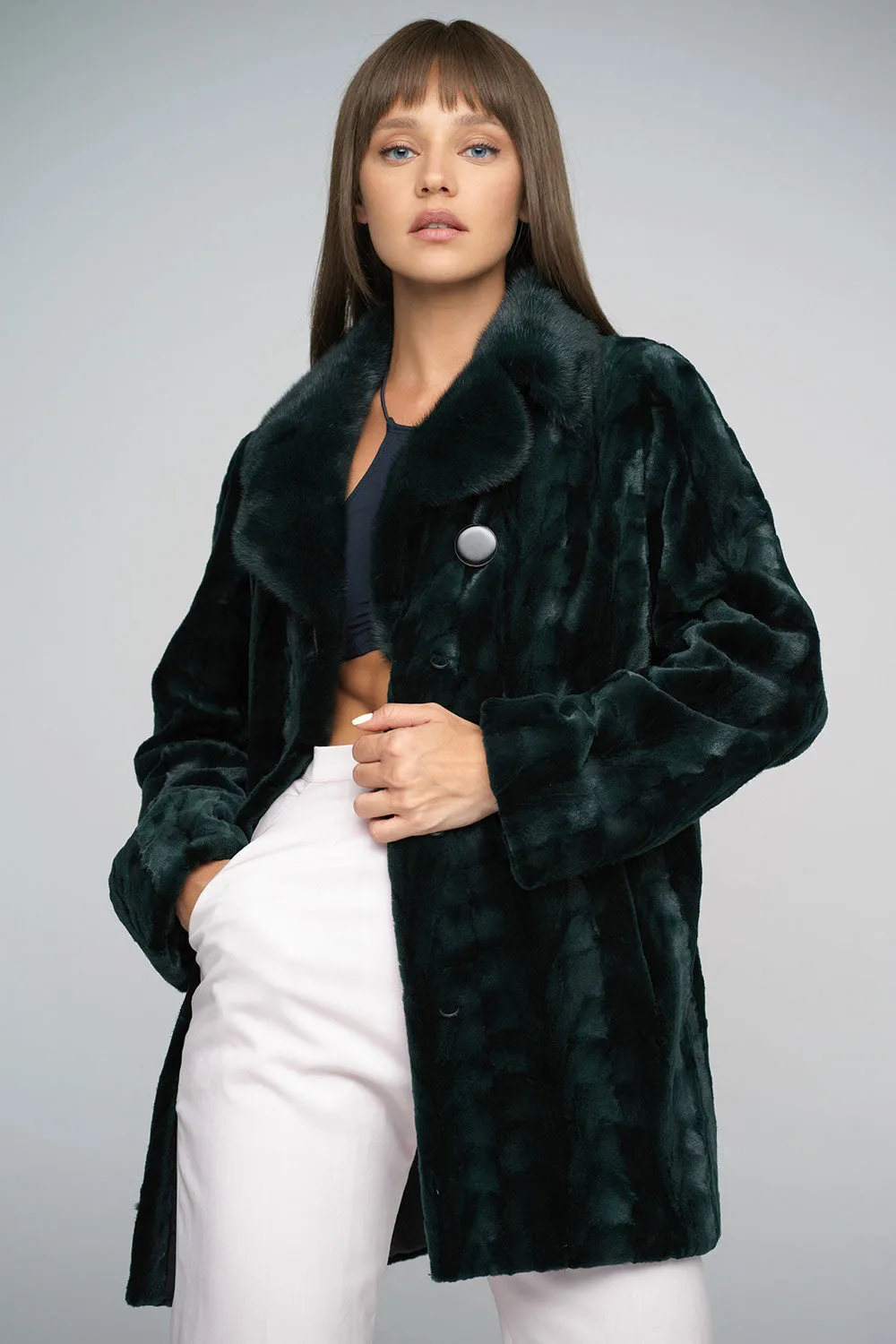 Olive Genuine Mink Fur Midi Coat