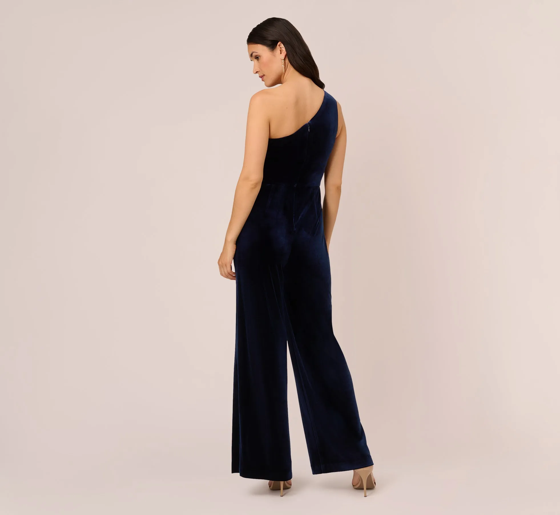 One Shoulder Velvet Jumpsuit With Draped Accent In Midnight