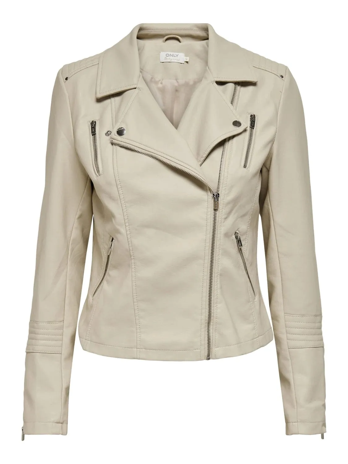 ONLY Gemma Faux Leather Bike Jacket in Cream/Silver Lining