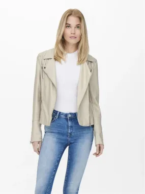 ONLY Gemma Faux Leather Bike Jacket in Cream/Silver Lining