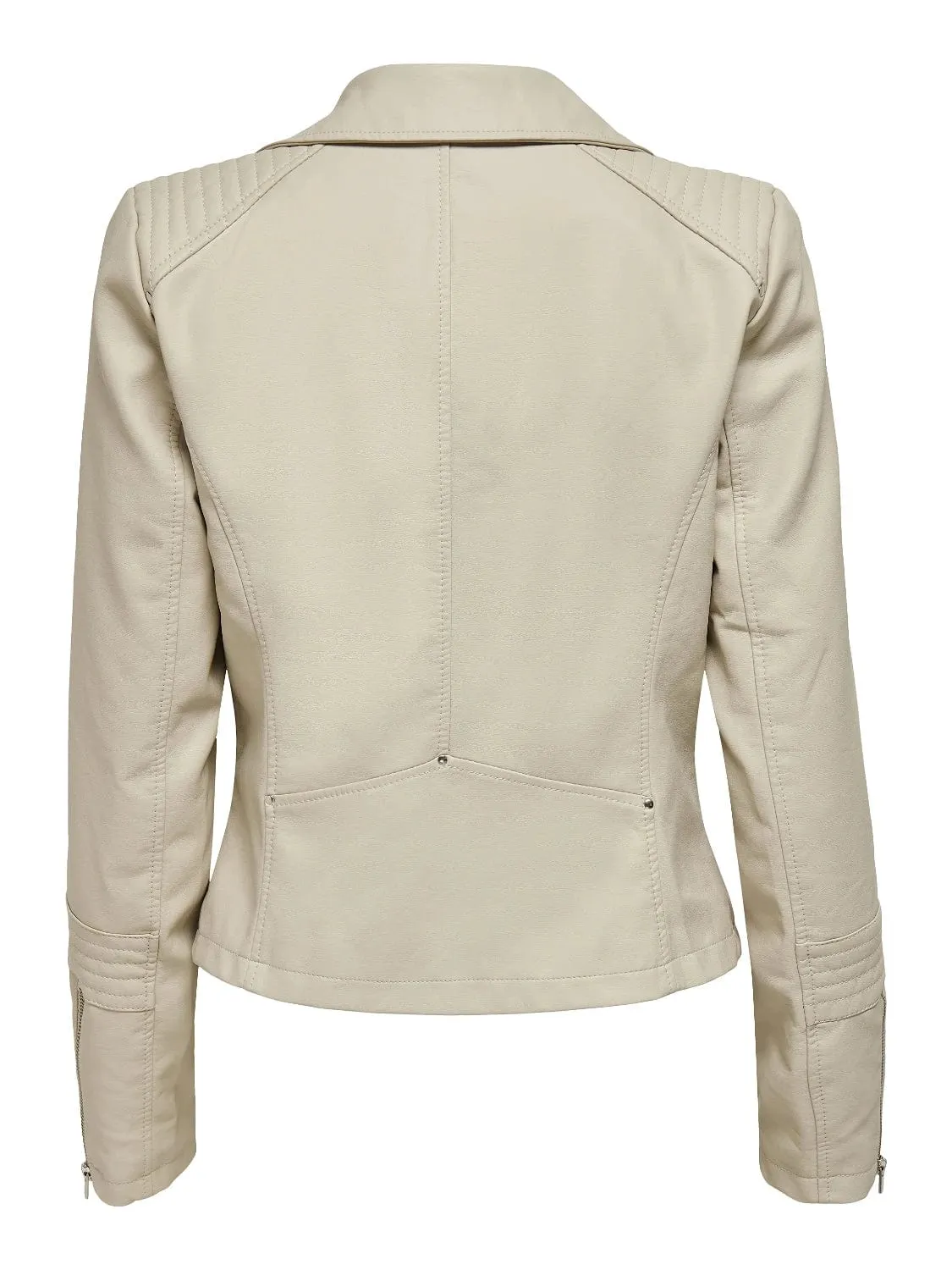 ONLY Gemma Faux Leather Bike Jacket in Cream/Silver Lining