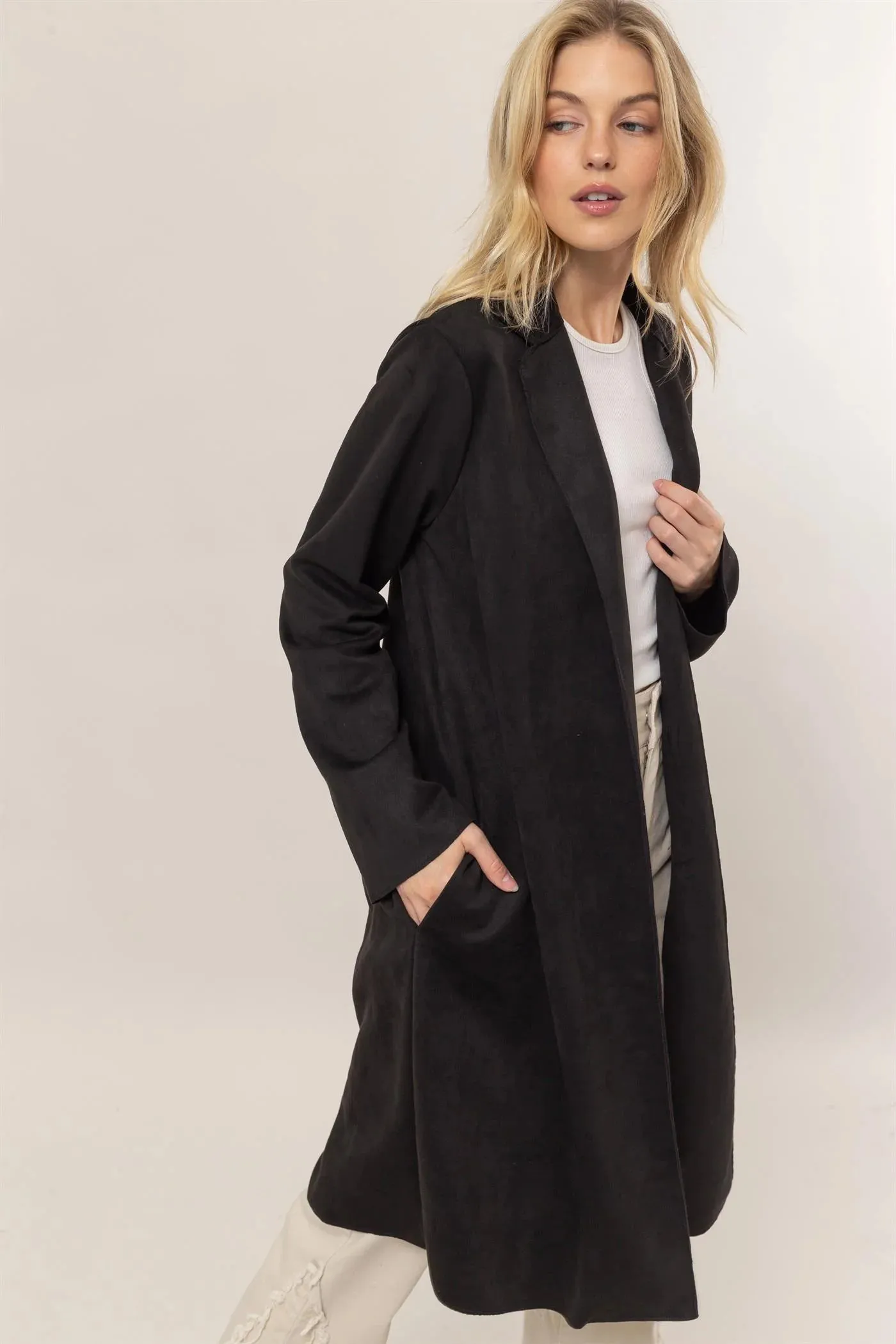 Open Front Seude Coat - Black