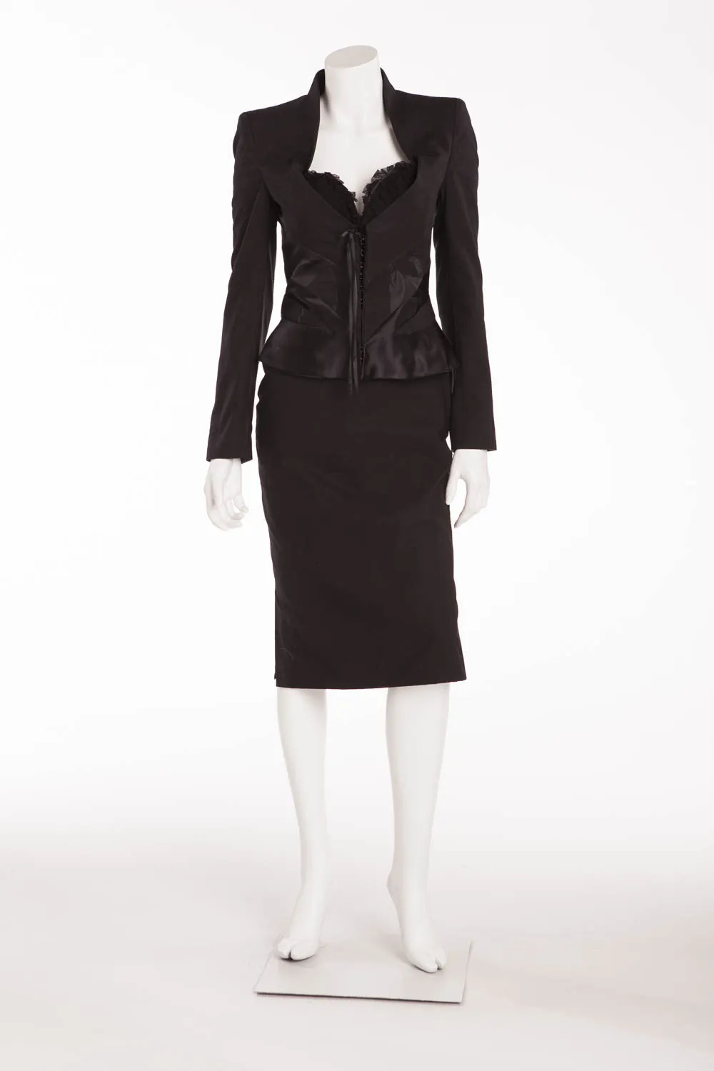 Original Alexander McQueen - 3PC Black Blazer, Black Asymmetrical Skirt, Black Pencil Skirt - IT 40/42