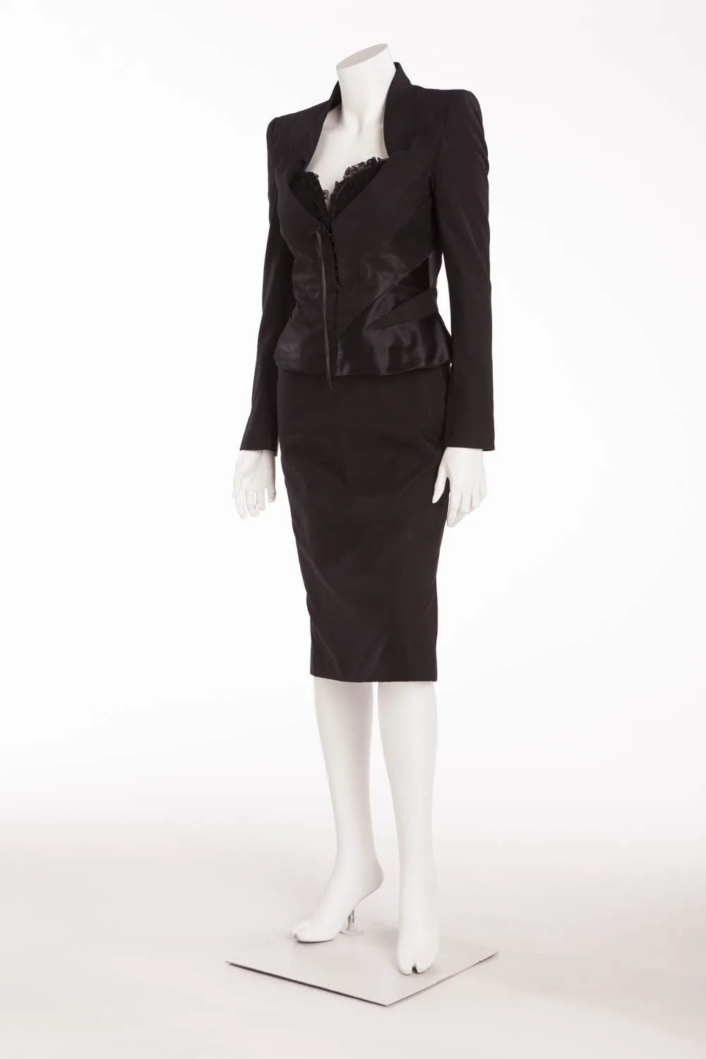 Original Alexander McQueen - 3PC Black Blazer, Black Asymmetrical Skirt, Black Pencil Skirt - IT 40/42