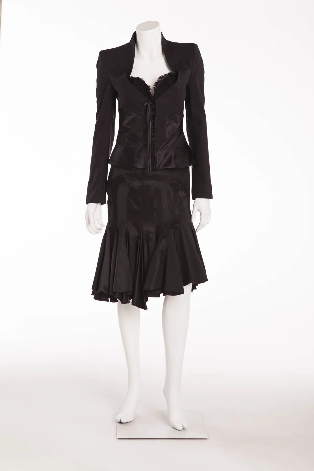 Original Alexander McQueen - 3PC Black Blazer, Black Asymmetrical Skirt, Black Pencil Skirt - IT 40/42