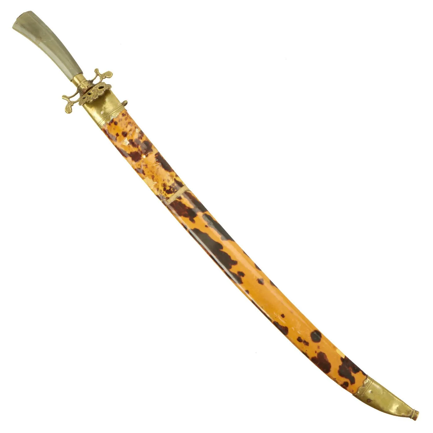 Original German 18th Century Hirschfänger Long Hunting Dagger with Horn Grip & Decorated Scabbard