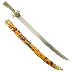 Original German 18th Century Hirschfänger Long Hunting Dagger with Horn Grip & Decorated Scabbard