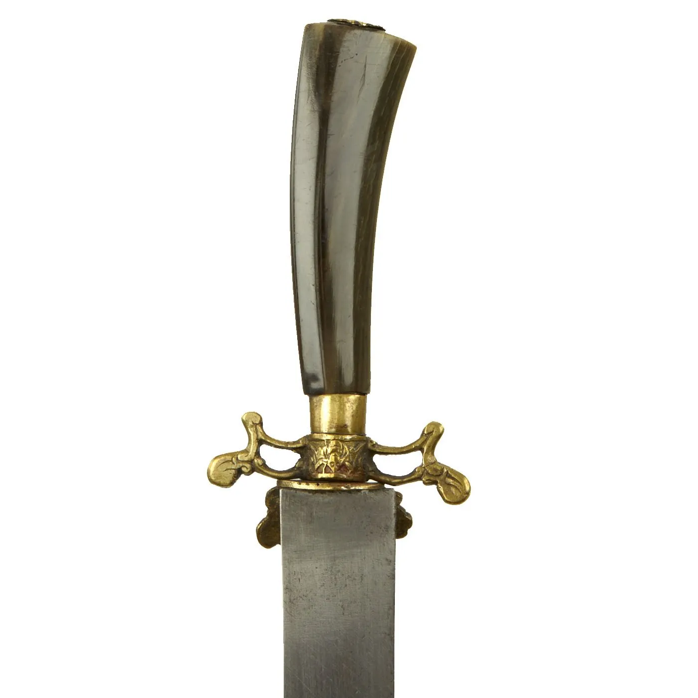 Original German 18th Century Hirschfänger Long Hunting Dagger with Horn Grip & Decorated Scabbard