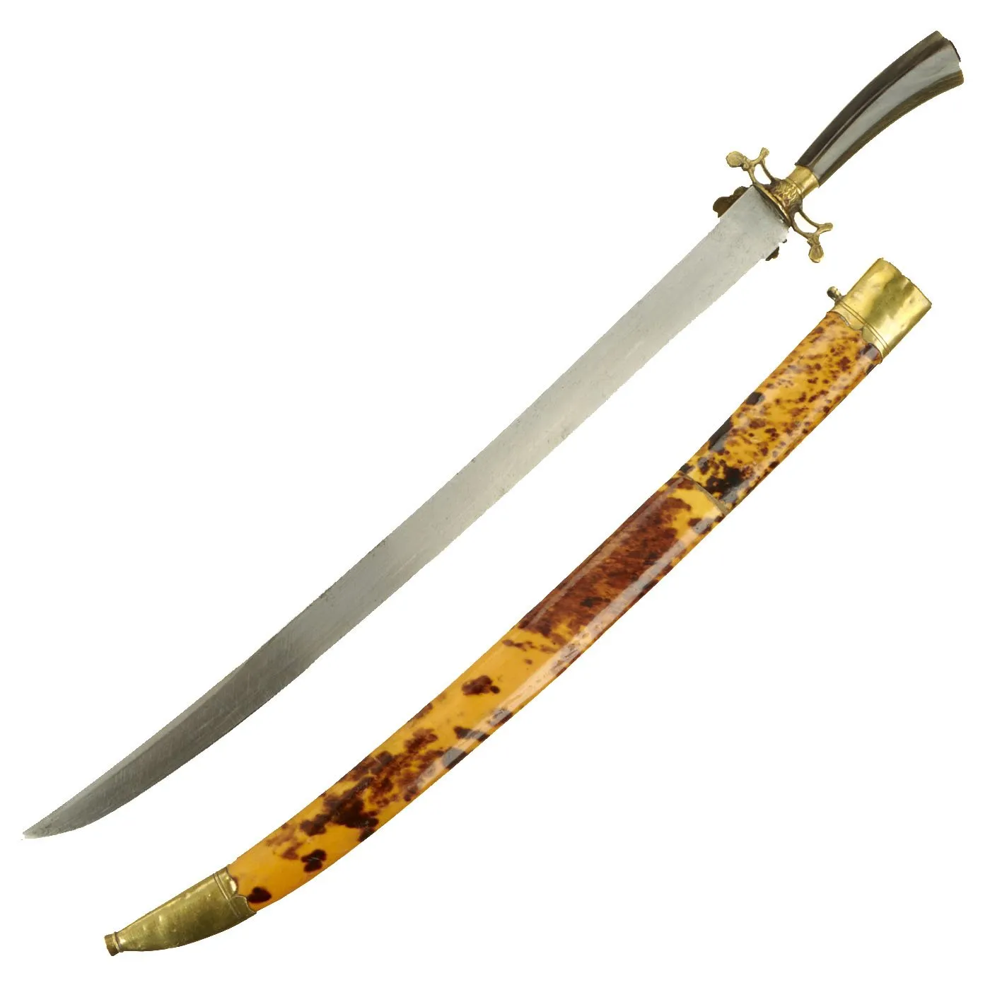 Original German 18th Century Hirschfänger Long Hunting Dagger with Horn Grip & Decorated Scabbard