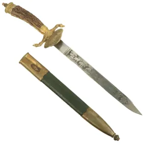 Original German Pre-WWII Hirschfänger Stag Handle Forestry Dress Cutlass by Carl Julius Krebs with Scabbard