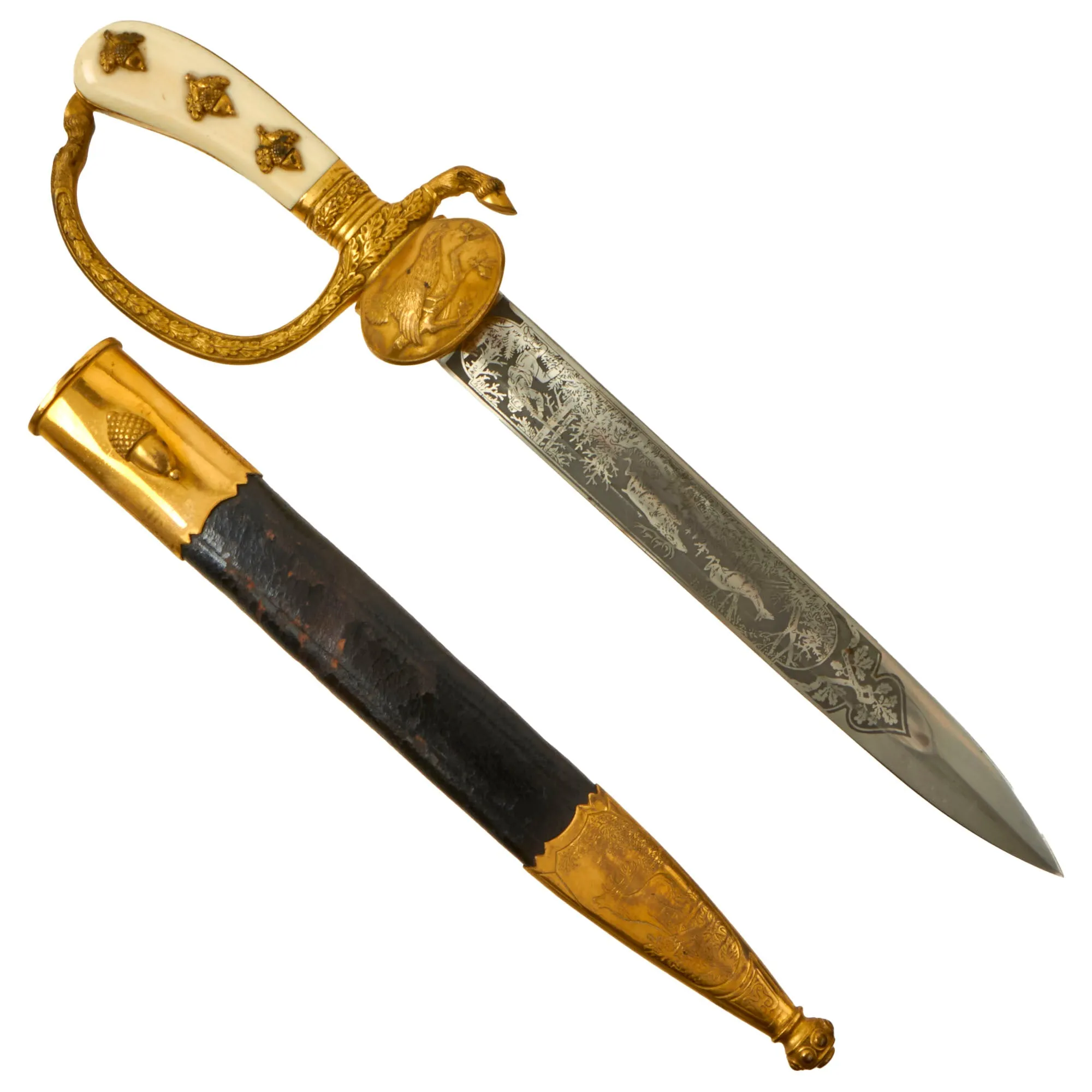 Original German WWII Hirschfänger Bone Handle Forestry Dress Dagger by Carl Eickhorn with Handguard & Scabbard