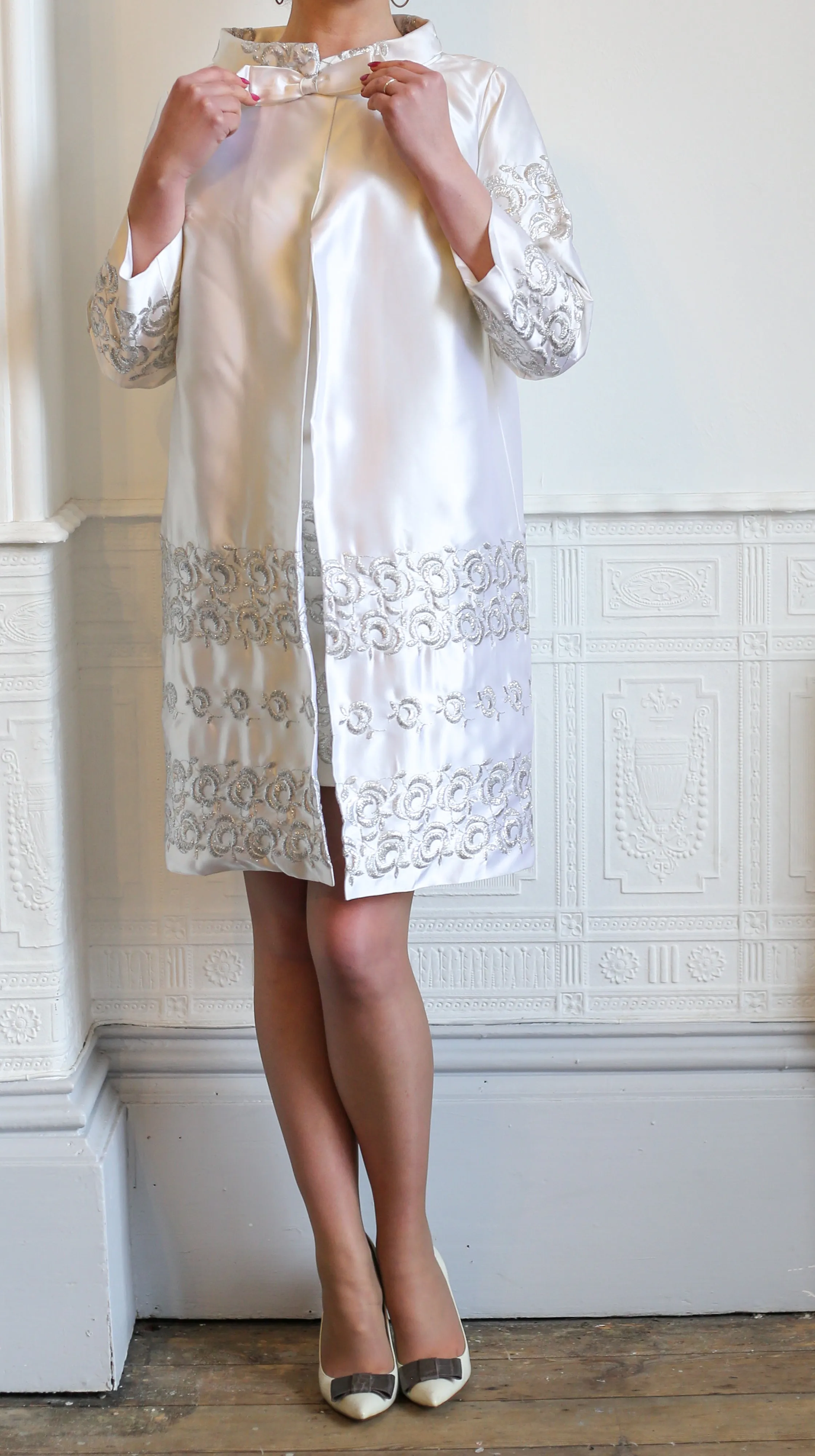 Original Vintage 1960s White Satin Mini Dress and Coat