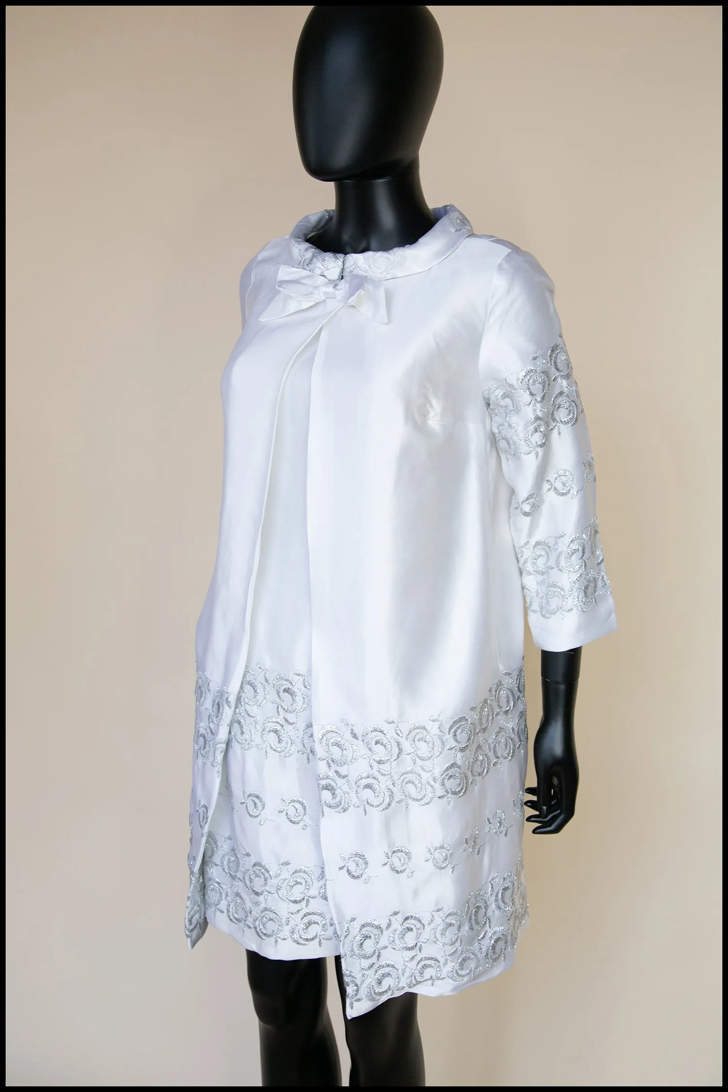 Original Vintage 1960s White Satin Mini Dress and Coat