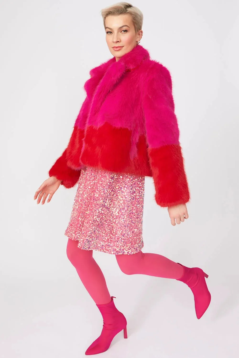 Pink Red Bamboo Faux Fur Double Cropped Coat