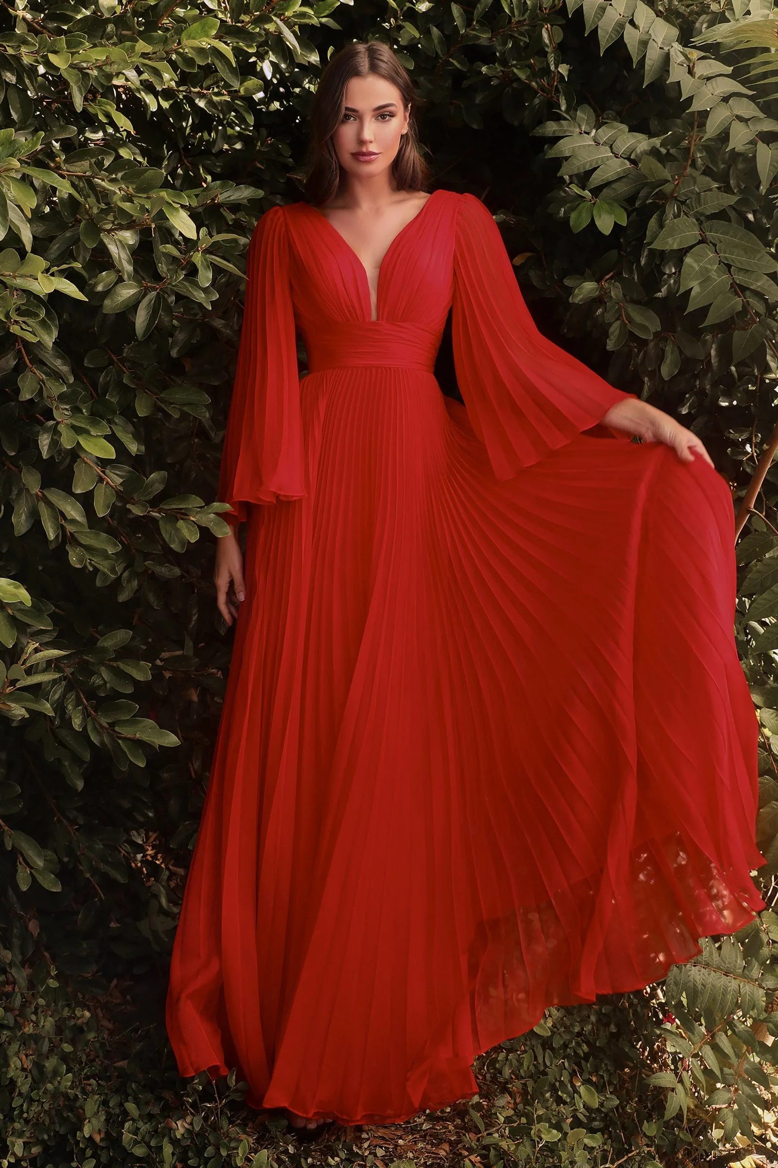 Pleated Bell Sleeve Gown by Cinderella Divine CD242