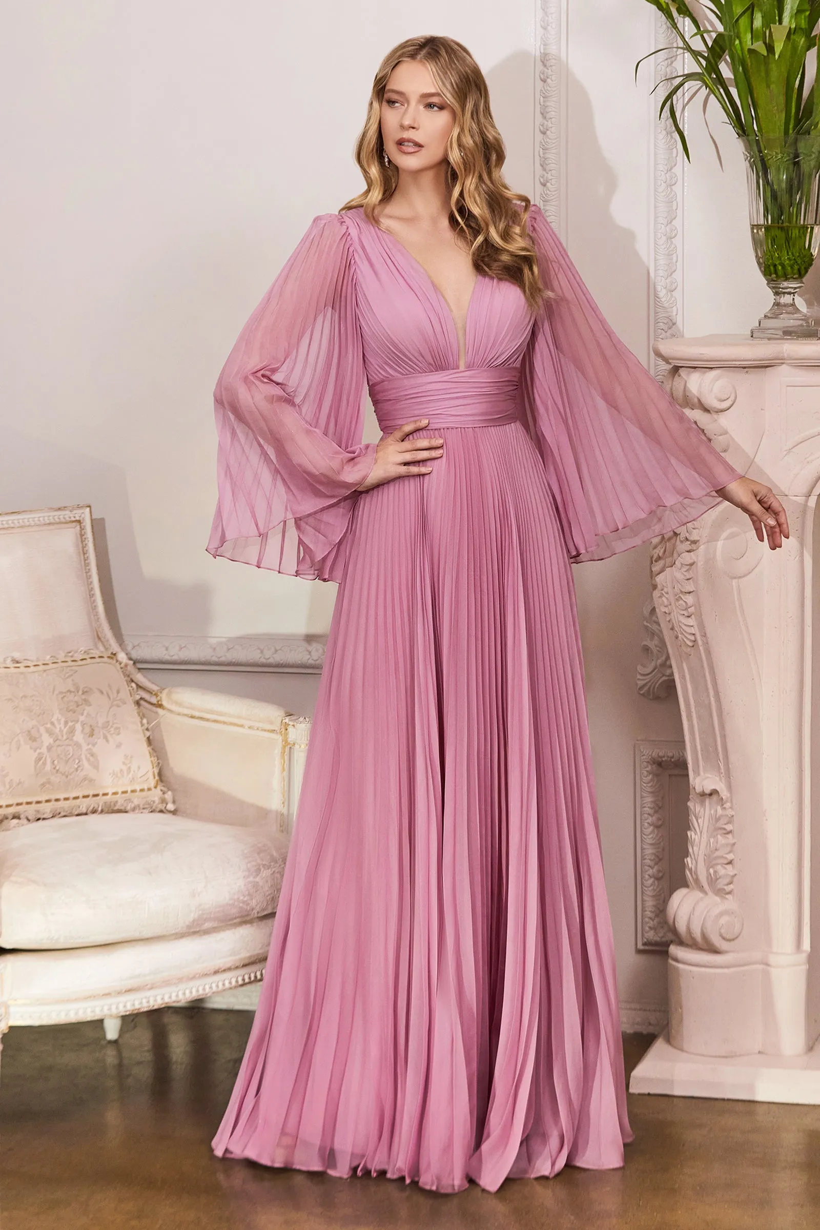 Pleated Bell Sleeve Gown by Cinderella Divine CD242