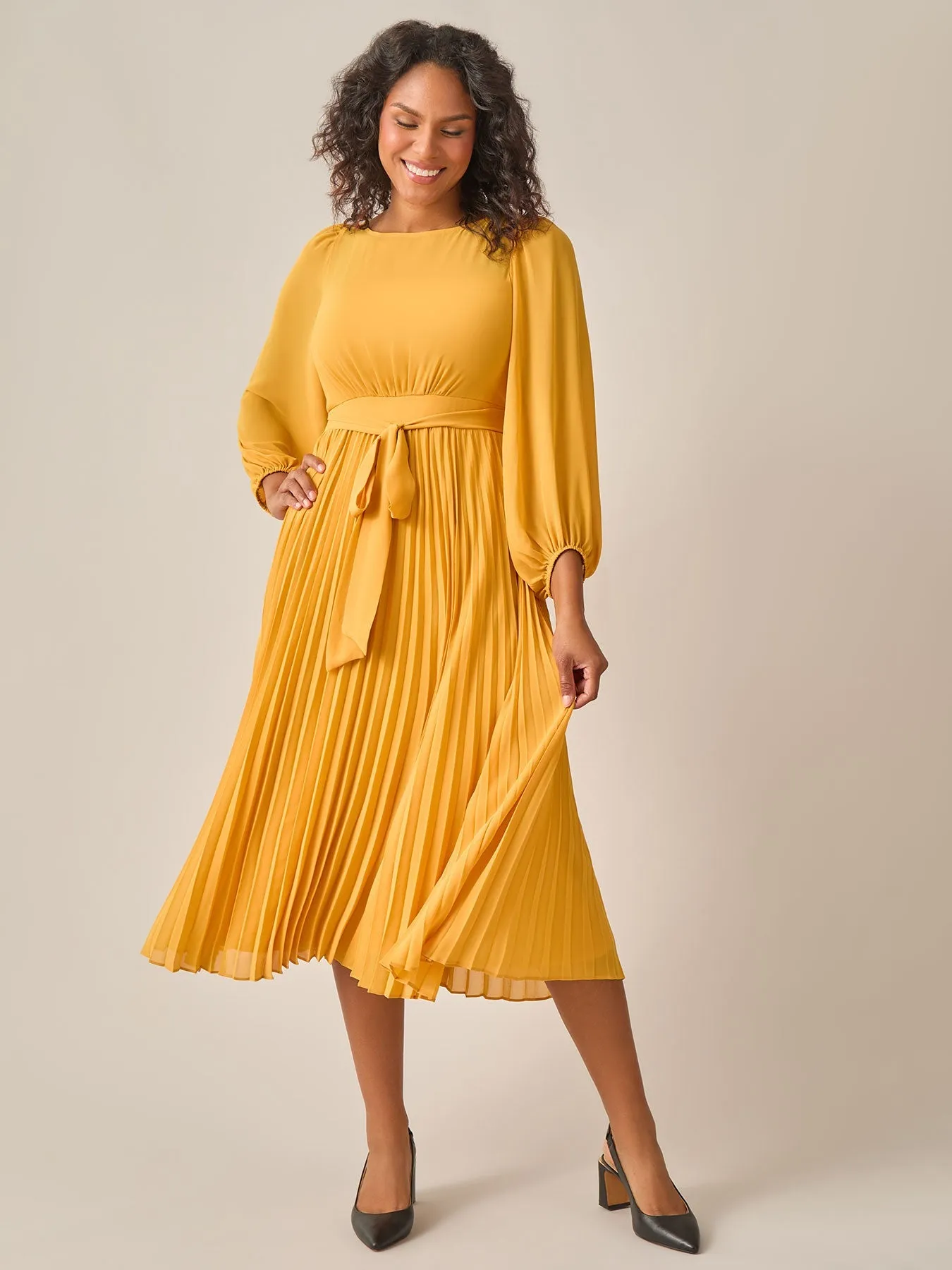 Plus Size A-Line Balloon Sleeve Midi Dress, Gold Signature