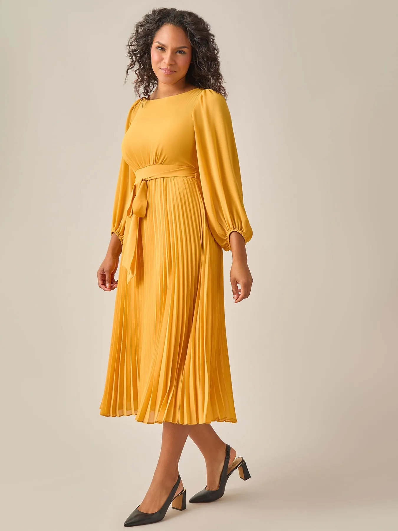 Plus Size A-Line Balloon Sleeve Midi Dress, Gold Signature