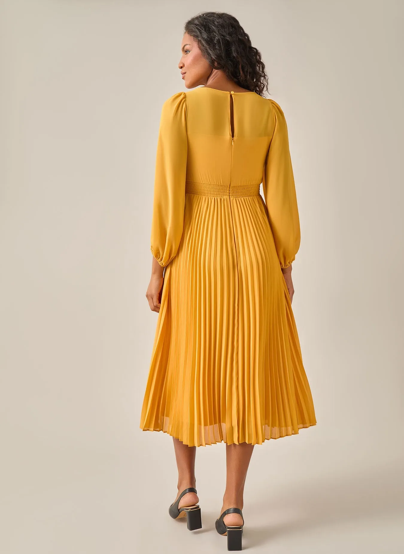 Plus Size A-Line Balloon Sleeve Midi Dress, Gold Signature