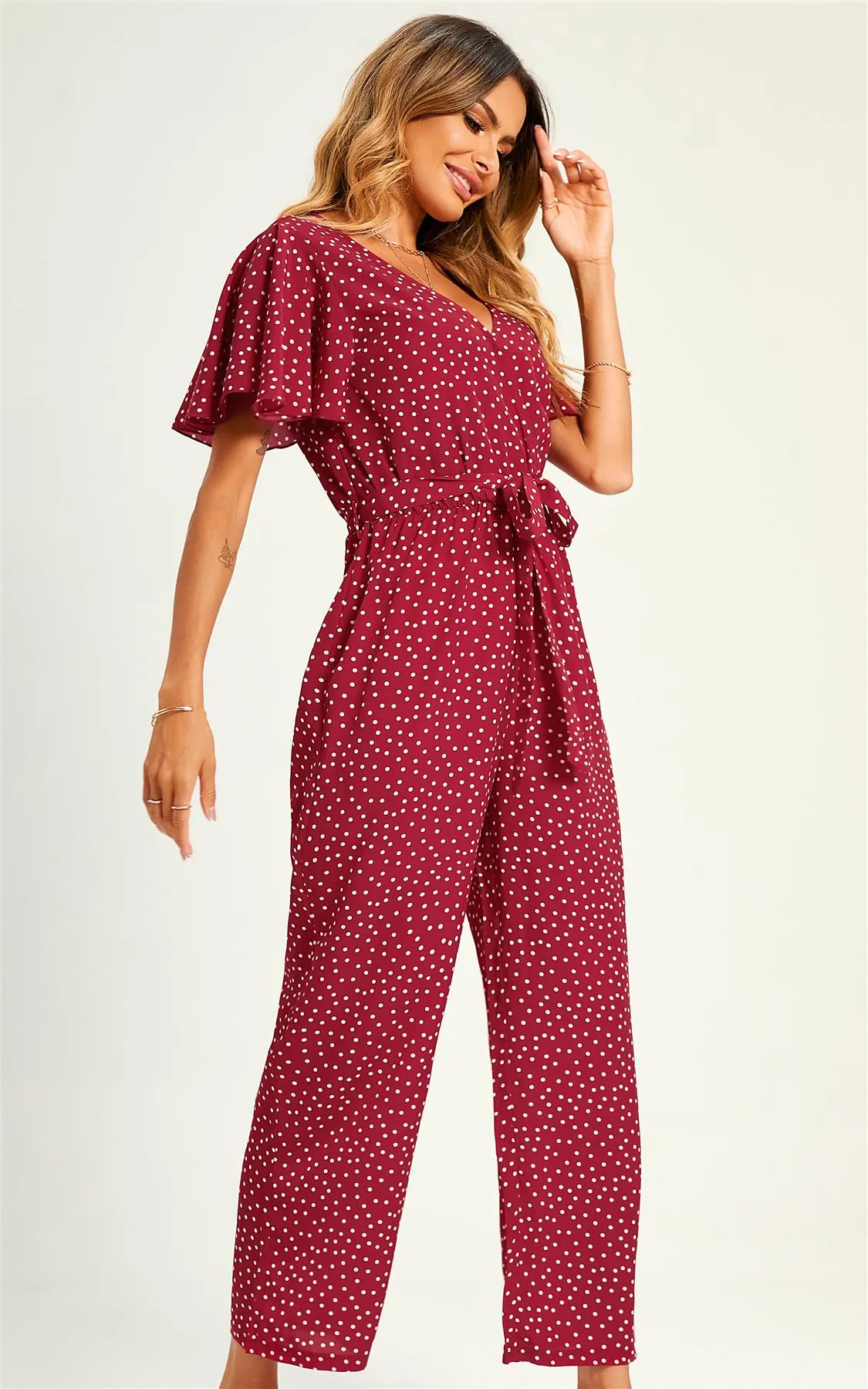 Polka Dot Angel Sleeve  Culotte Jumpsuit In Red