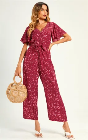 Polka Dot Angel Sleeve  Culotte Jumpsuit In Red