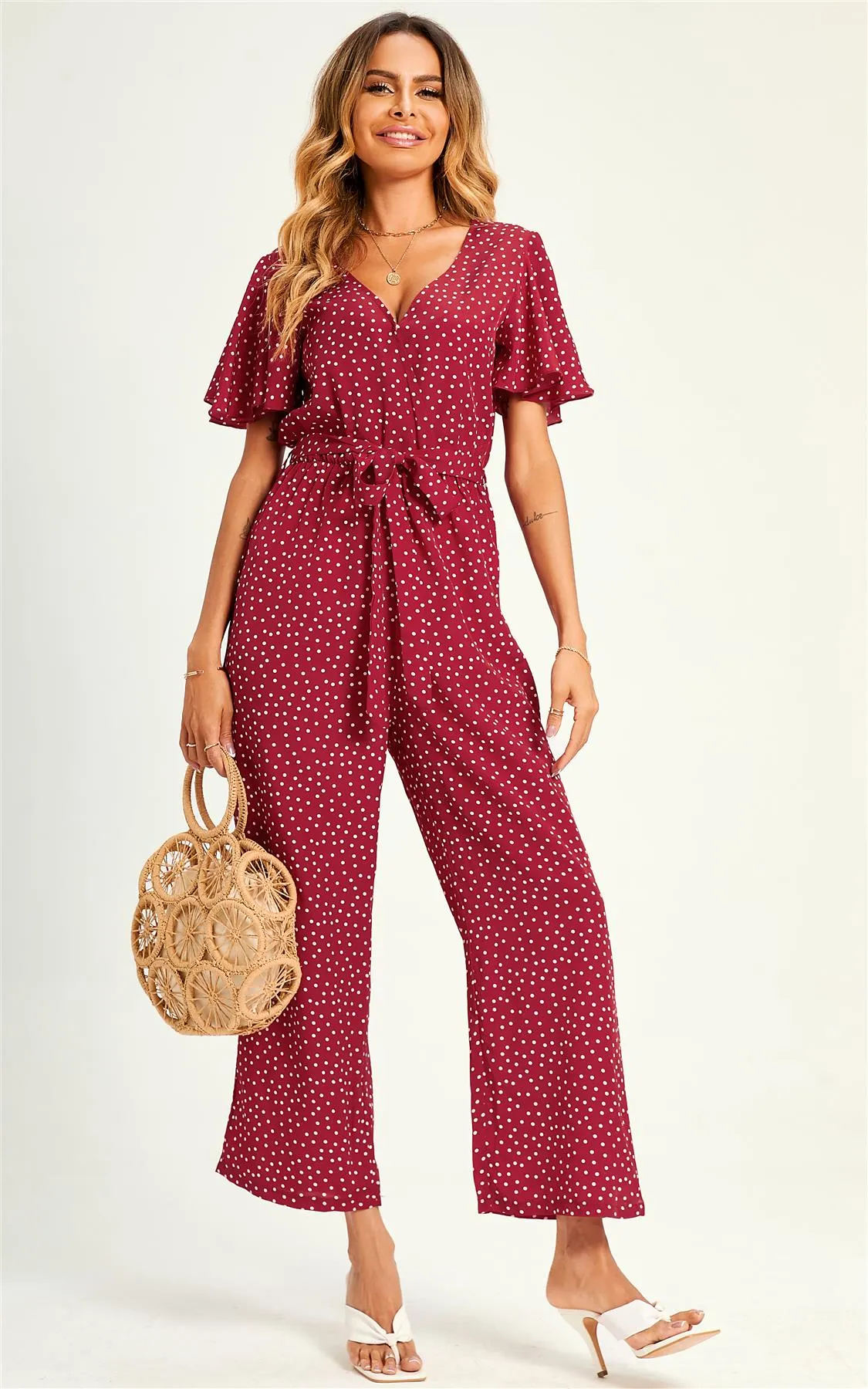 Polka Dot Angel Sleeve  Culotte Jumpsuit In Red