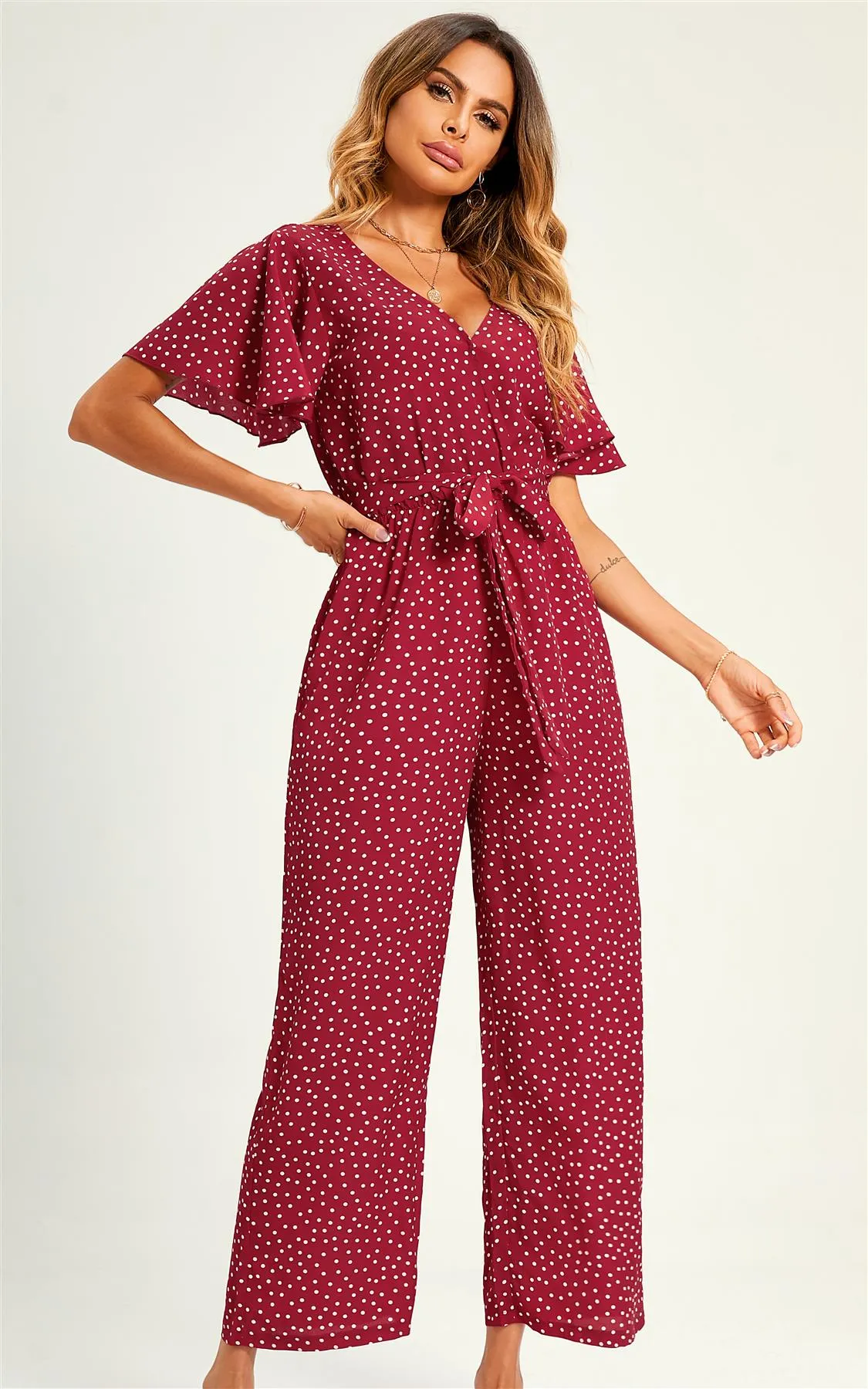 Polka Dot Angel Sleeve  Culotte Jumpsuit In Red