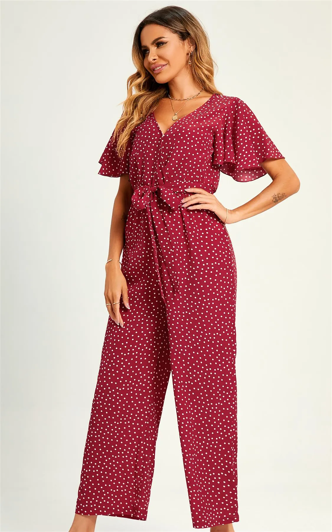 Polka Dot Angel Sleeve  Culotte Jumpsuit In Red