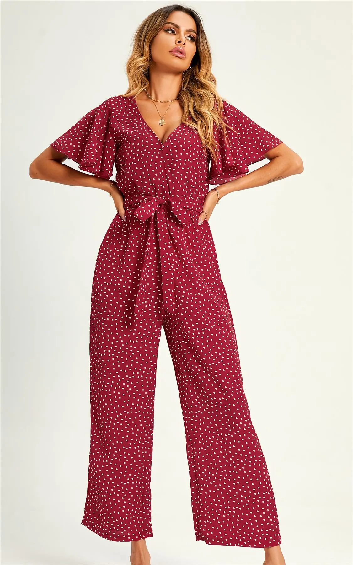 Polka Dot Angel Sleeve  Culotte Jumpsuit In Red