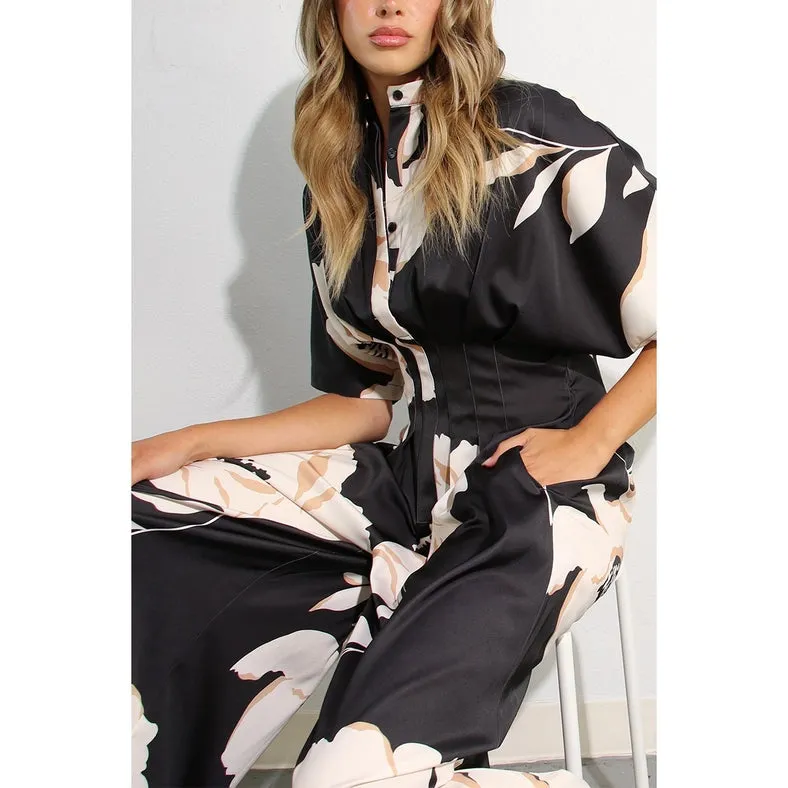 Print Pleated Jumpsuit BLACK MULTI