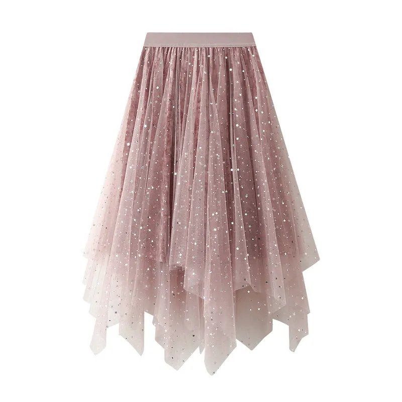 Puffy Sparkling Mesh Skirt Irregular Mid Length Skirt 772