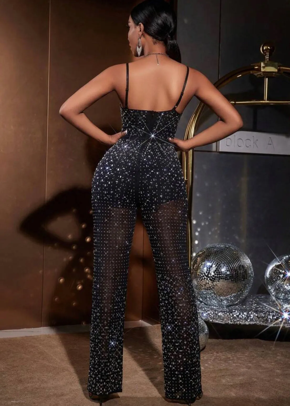 Rhinestone Detail Mesh Cami Jumpsuit