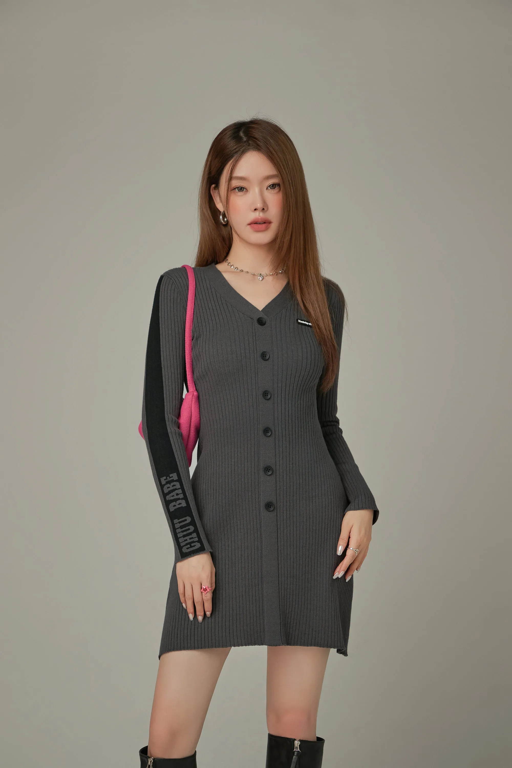 Ribbed Knit Button Dress