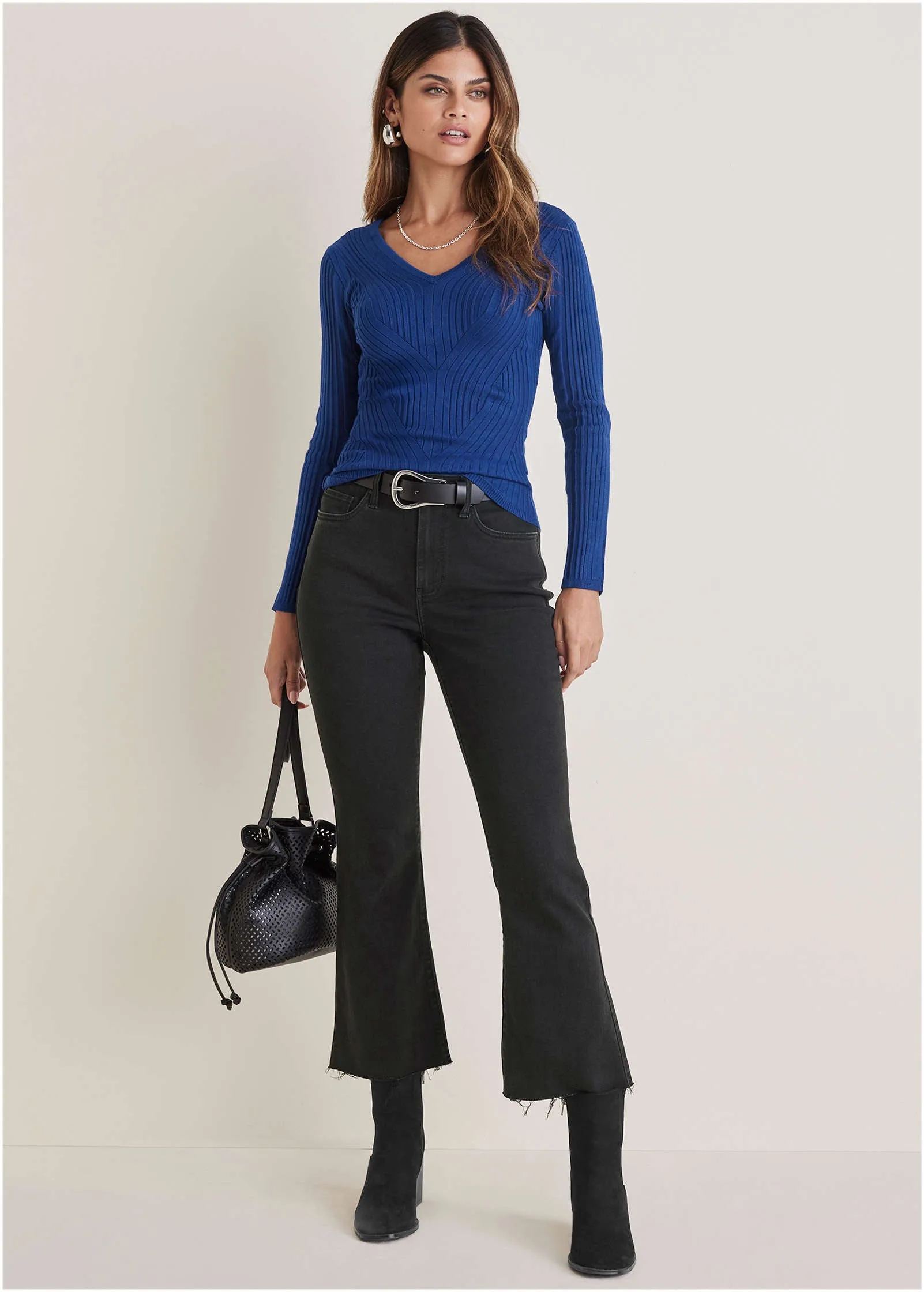 Ribbed Knit V-Neck Sweater  - Sodalite Blue