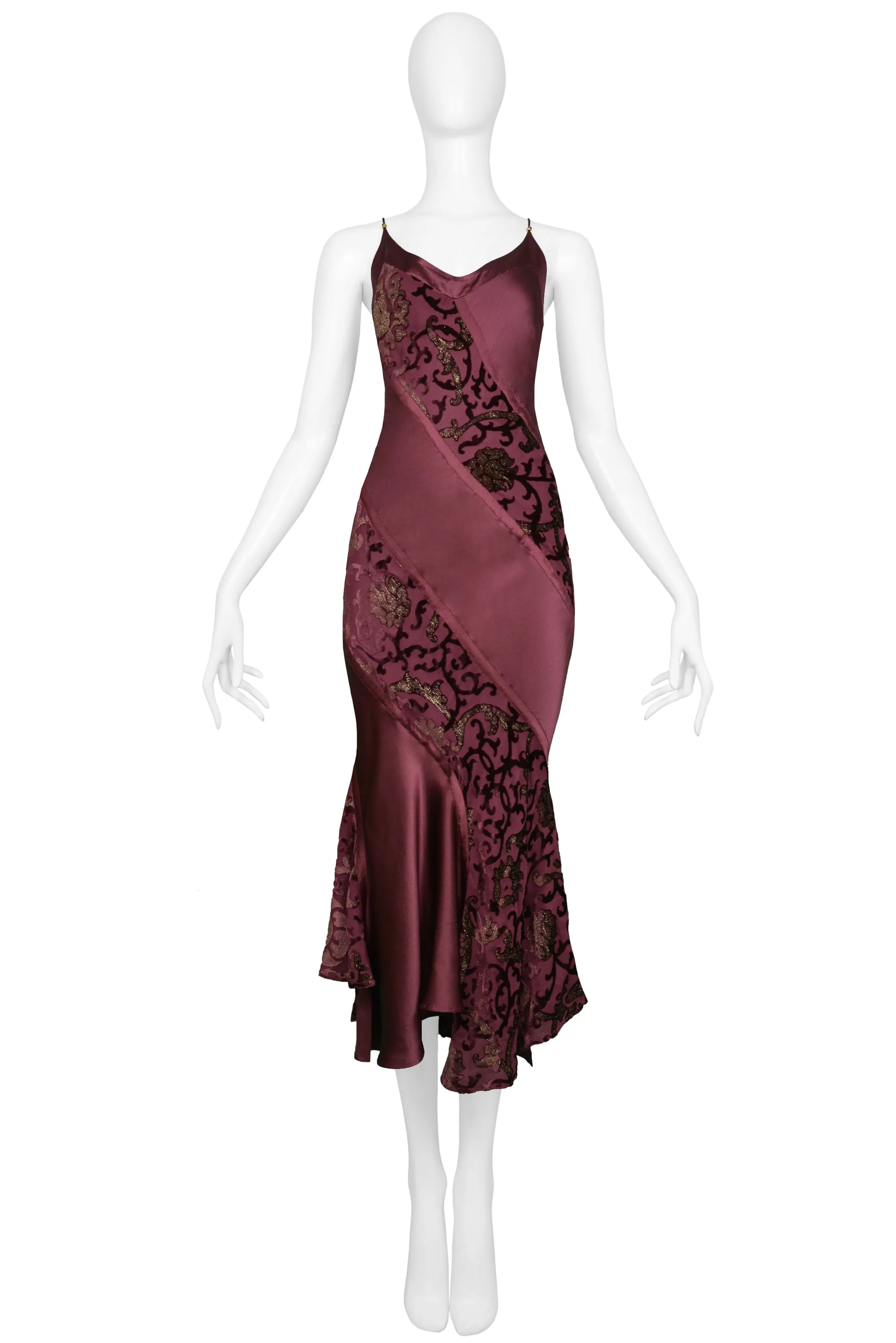 ROBERTO CAVALLI BURGUNDY SATIN SLIP DRESS WITH GOLD METALLIC PRINT