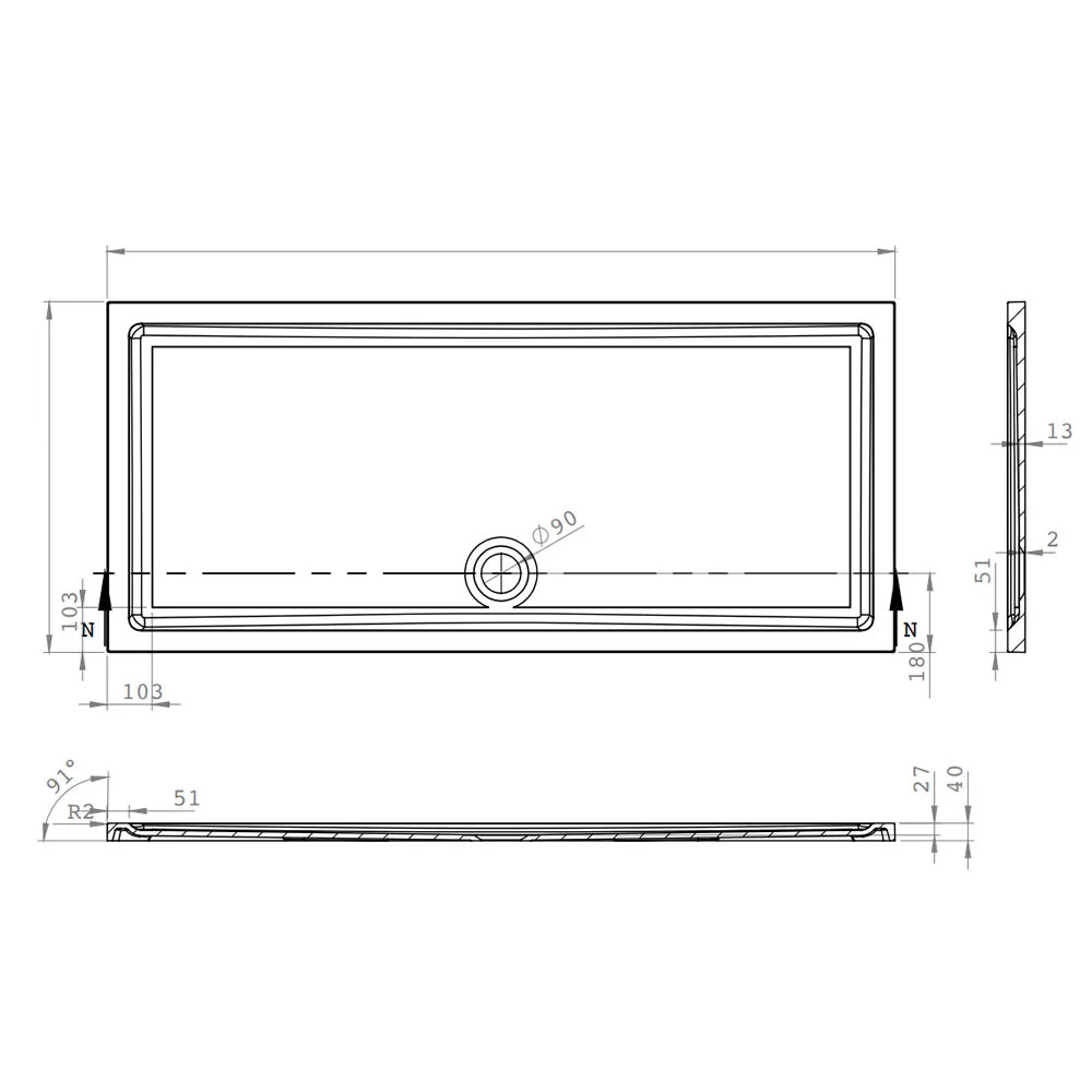 Roman Stone Solid Surface Anti Slip Shower Tray - 1000 x 700 x 40mm