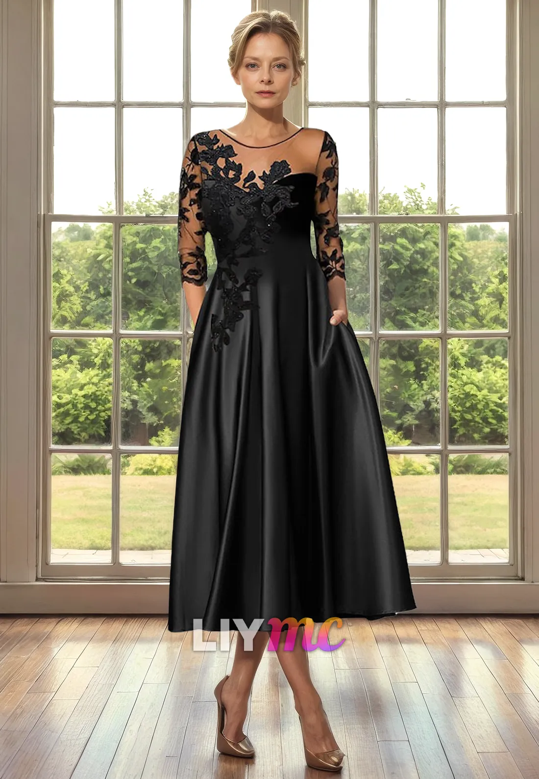 Scoop Long Sleeves Appliques Pleated A-Line Mother of Bride Dress Cocktail Dress