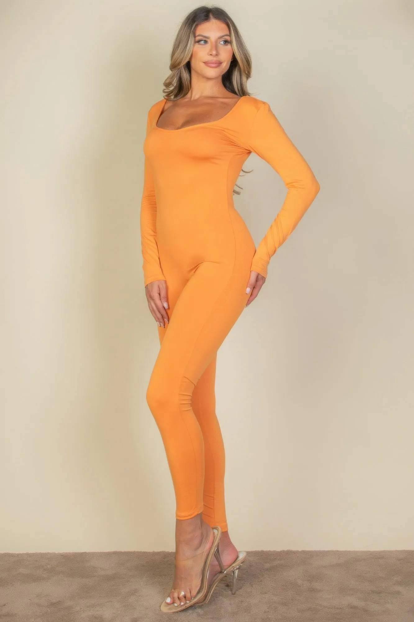 Scoop Neck Long Sleeve Bodycon Jumpsuit