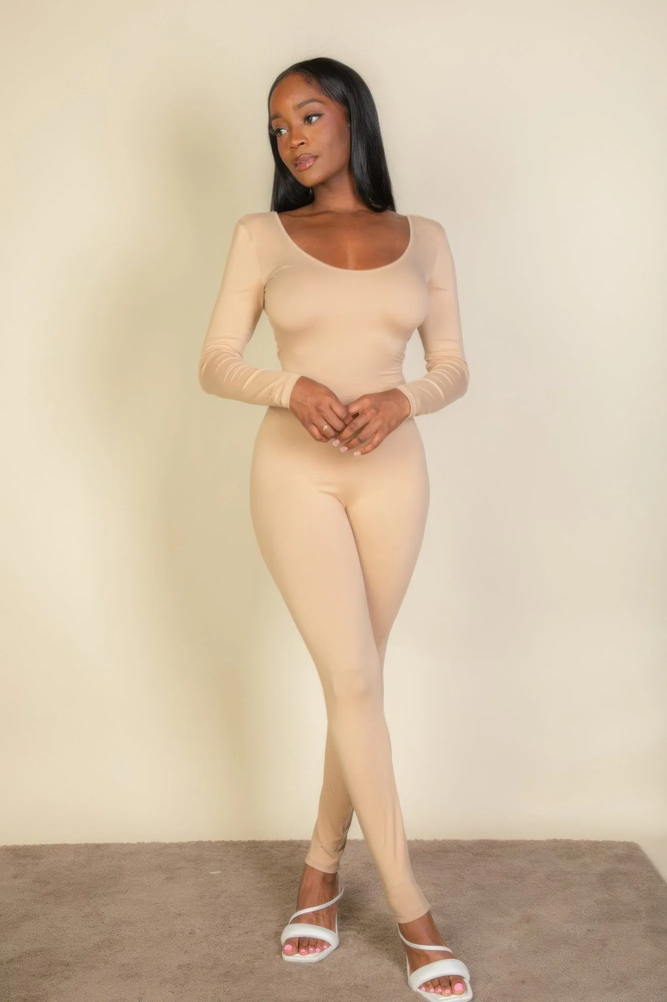 Scoop Neck Long Sleeve Bodycon Jumpsuit