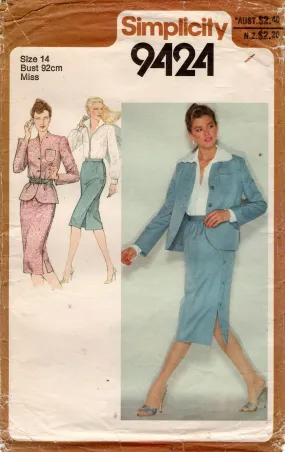 Simplicity 9424 Womens Skirt Suit with Blouse 1980s Vintage Sewing Pattern Size 14 Bust 36 inches