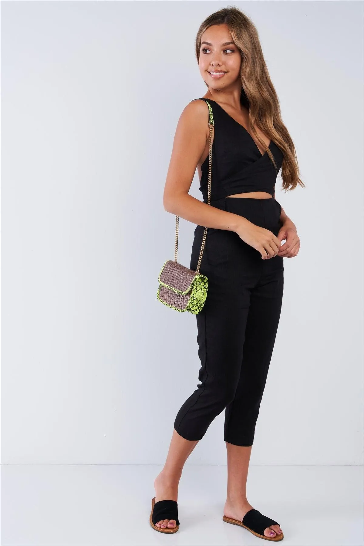 Sleeveless Black Linen Criss Cross Open Back V-Neck Tapered Pant Wrap Waist Jumper