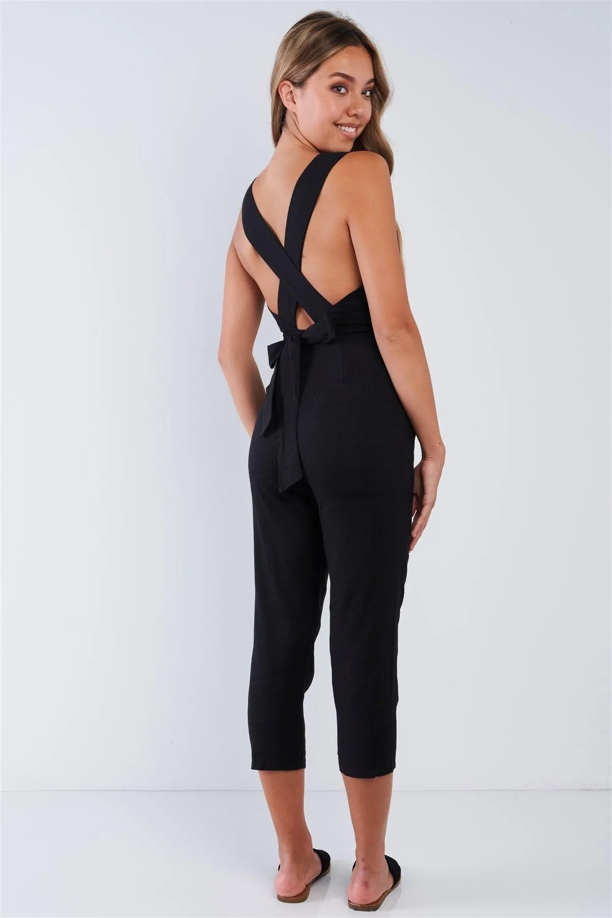 Sleeveless Black Linen Criss Cross Open Back V-Neck Tapered Pant Wrap Waist Jumper