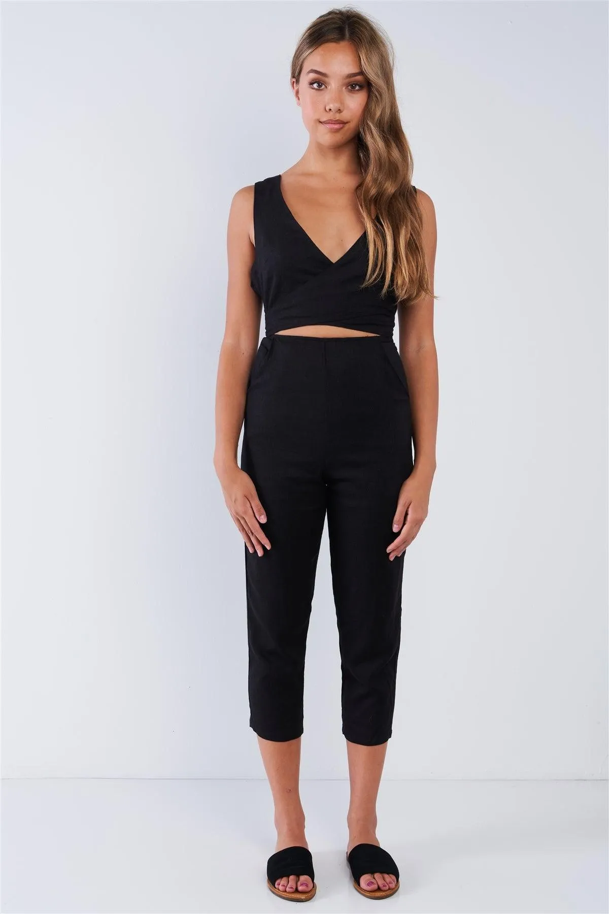 Sleeveless Black Linen Criss Cross Open Back V-Neck Tapered Pant Wrap Waist Jumper