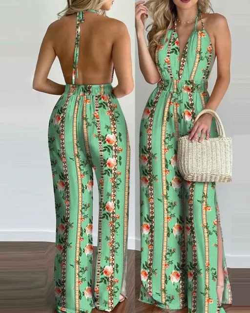 Sleeveless Deep V-neck Backless Halter Loose Jumpsuit