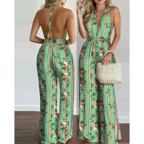 Sleeveless Deep V-neck Backless Halter Loose Jumpsuit