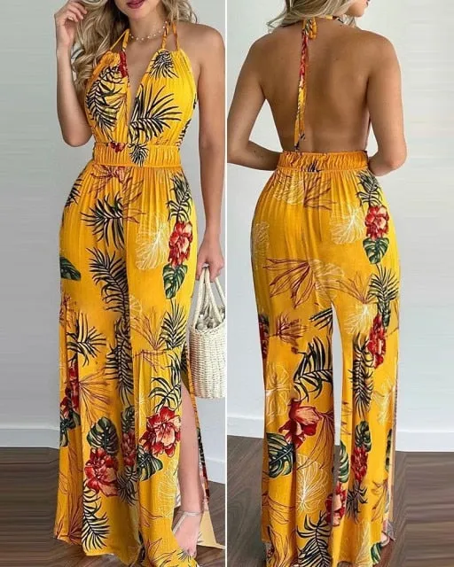 Sleeveless Deep V-neck Backless Halter Loose Jumpsuit